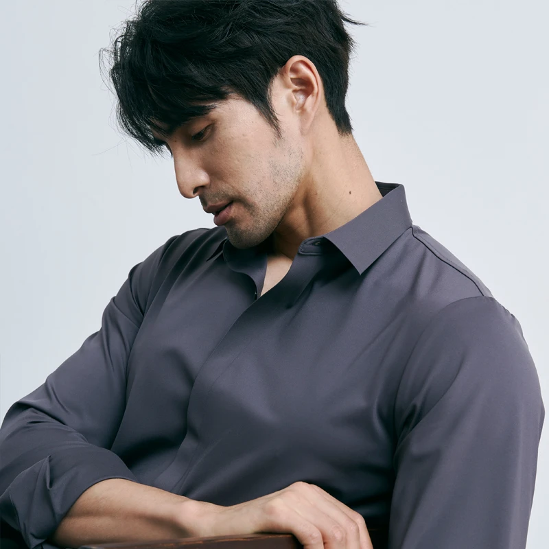 秋季轻熟长袖职业衬衣高级感抗皱咖啡色修身男士休闲衬衫上衣纯色