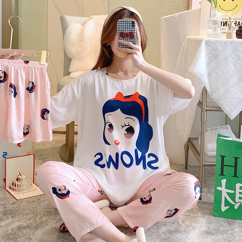 2025春夏冰丝透气短发女孩粉色三件套家居服夏季睡衣女套装可外穿