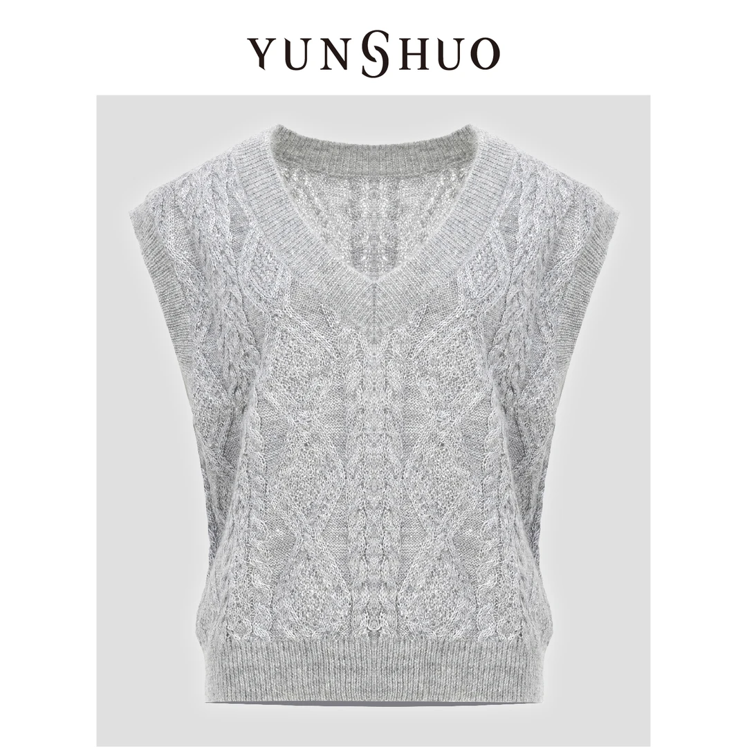YUNSHUO允硕秋冬新品时尚百搭亮片V领针织休闲宽松女毛背心715101