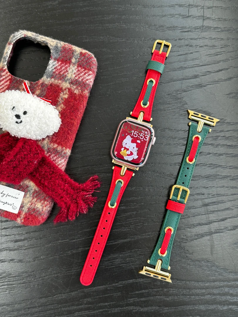 新款圣诞女款皮表带适用s9苹果手表带applewatch8代765se女士拼色