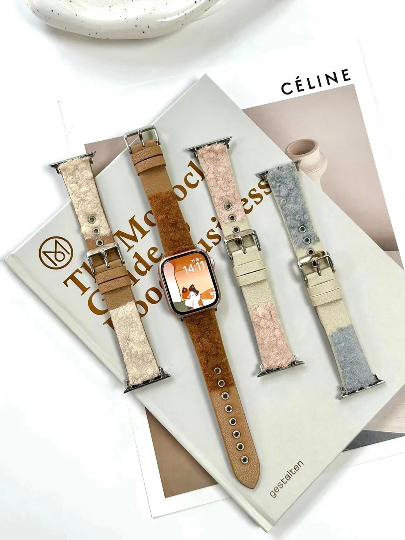 卷卷绒拼接真皮牛皮表带适用s9苹果手表applewatch8765se女士秋冬