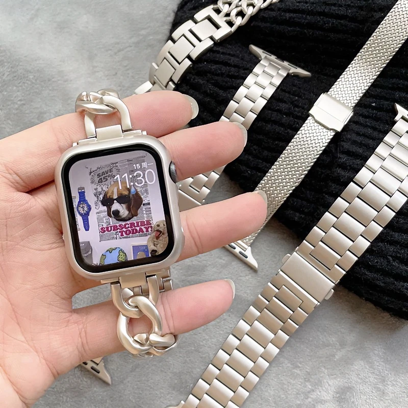 适用AppleWatchS98Ultra苹果SE金属iwatch765432手表带小香风链条