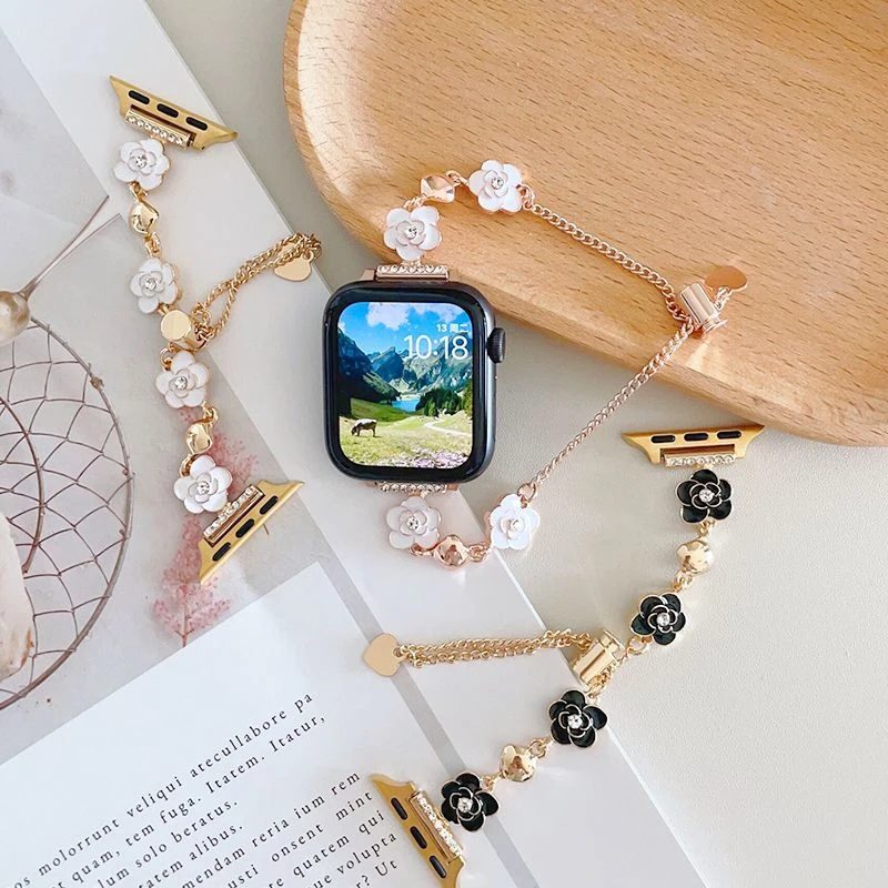 山茶花高级金属链条适于苹果手表带applewatchS9876543SE女款表链