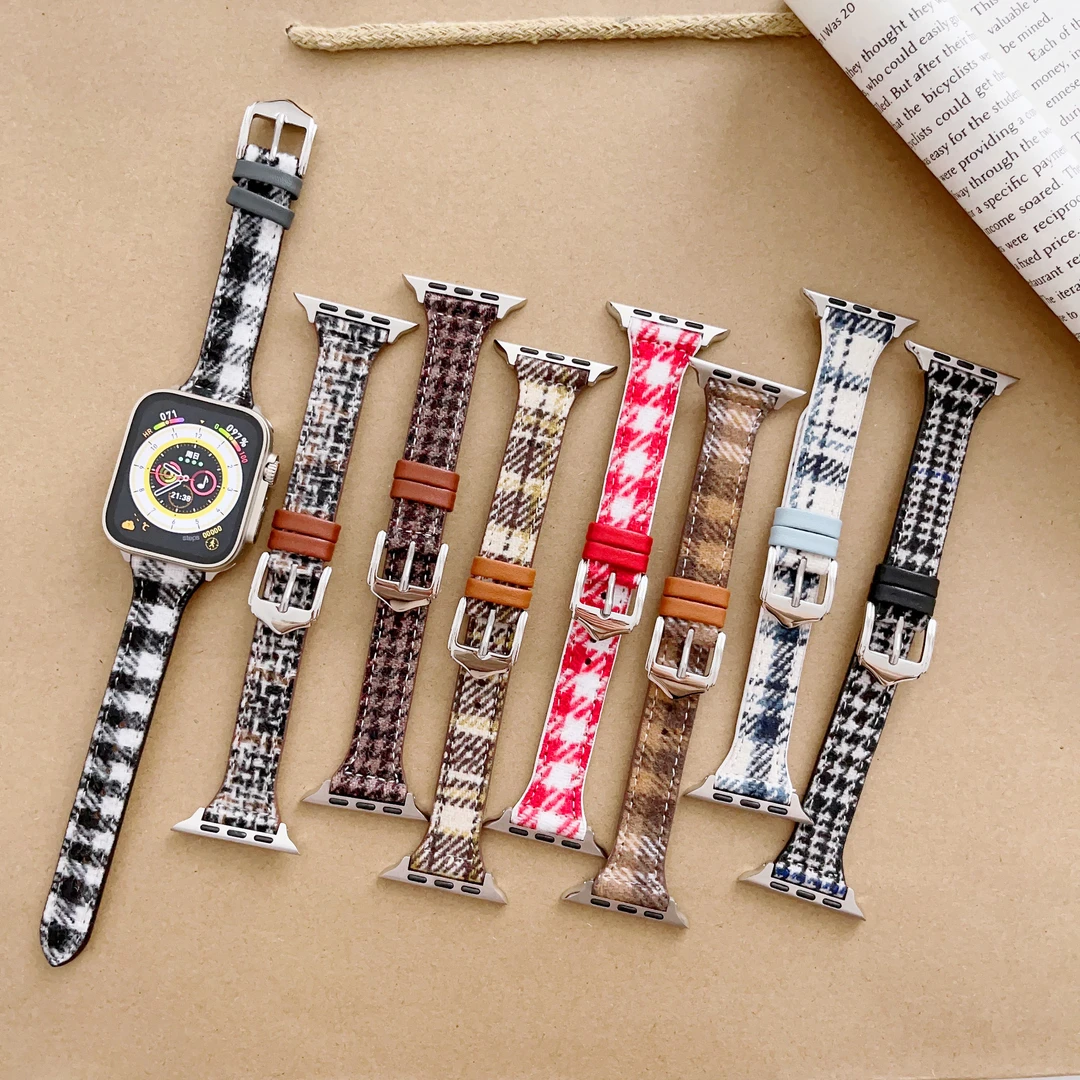 适用applewatch9苹果手表表带小蛮腰毛呢格纹iwatch表带S8/S7se代