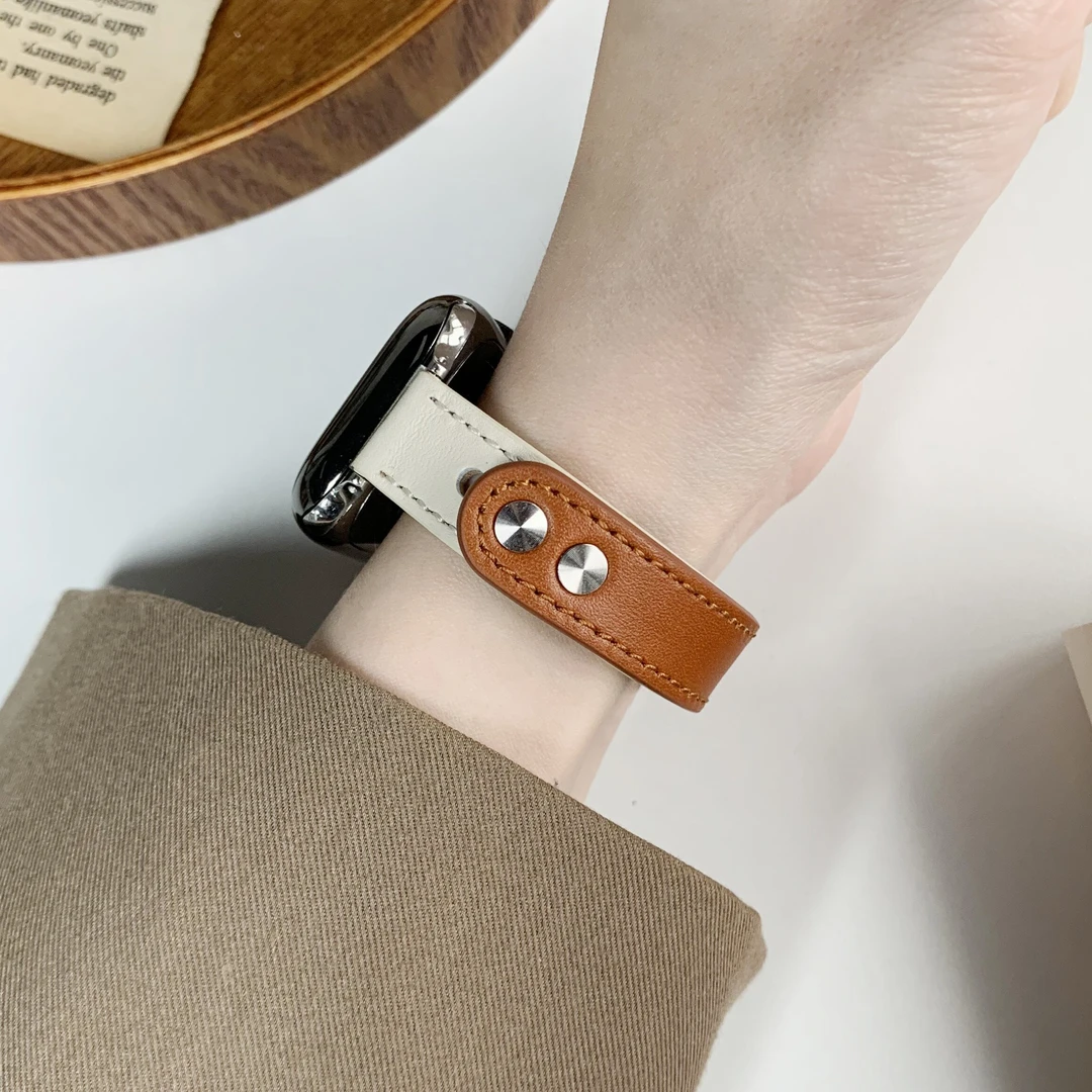 适用AppleWatch S987代苹果手表气质双钉扣撞色真皮iWatch表带SE