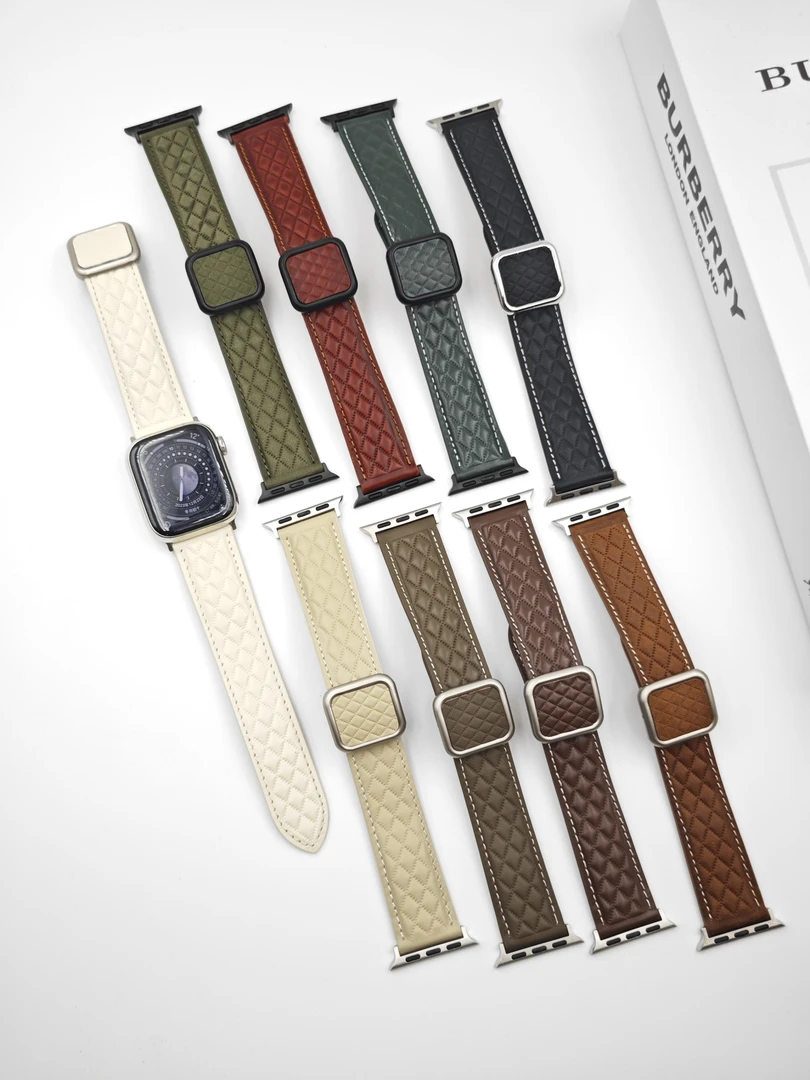 适用iwatch8苹果S9手表applewatch9表带S8真皮S7菱格纹SE时尚男女