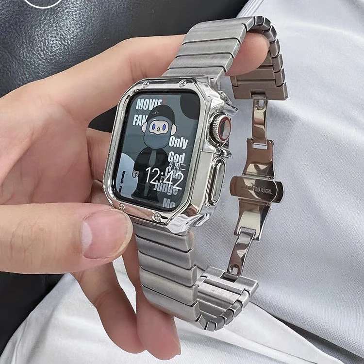 适用iwatch6苹果手表7表带5432se不锈钢蝴蝶扣链式男女潮保护壳套