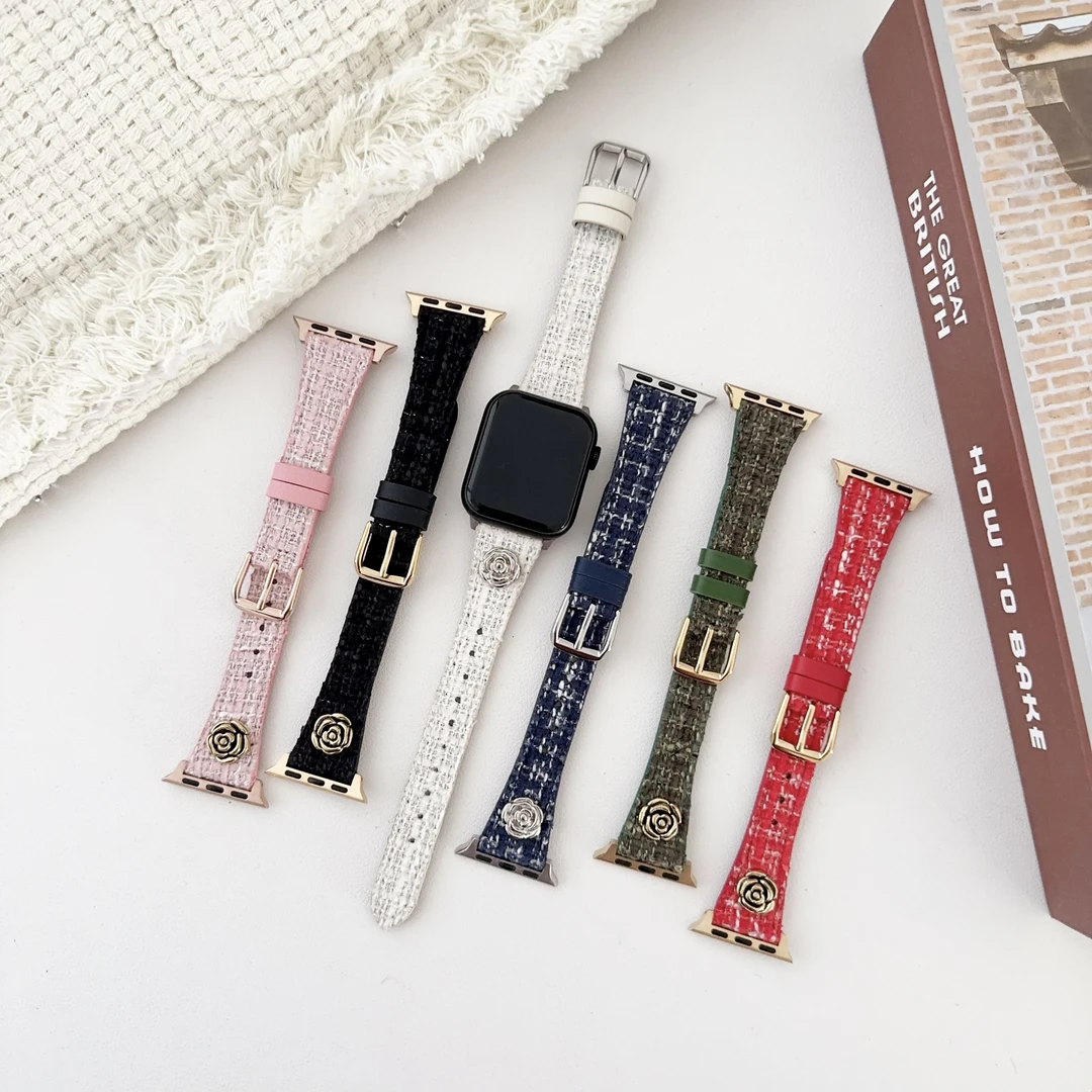 适用苹果se手表iwatch9潮流新款山茶花小香风表带S8/s7简约秋冬款