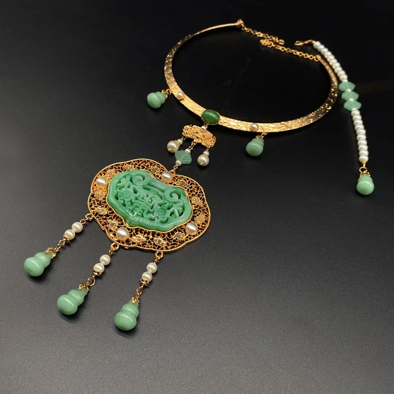 合金项链 玉楼 富贵绝绝子!璎珞项圈大金锁项链背云汉服古风首饰