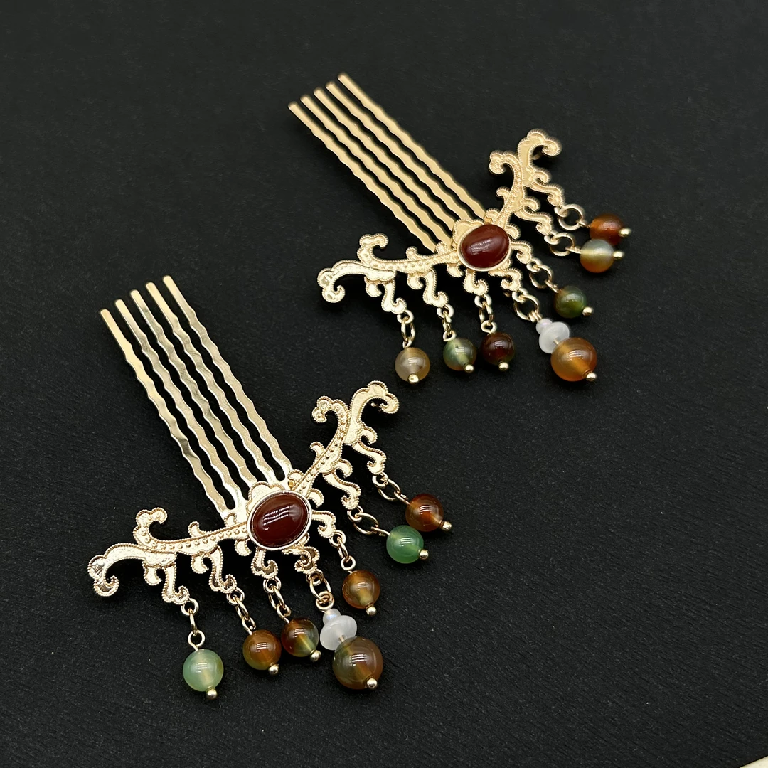 孔雀掩鬓保色铜发梳汉服配饰小钗