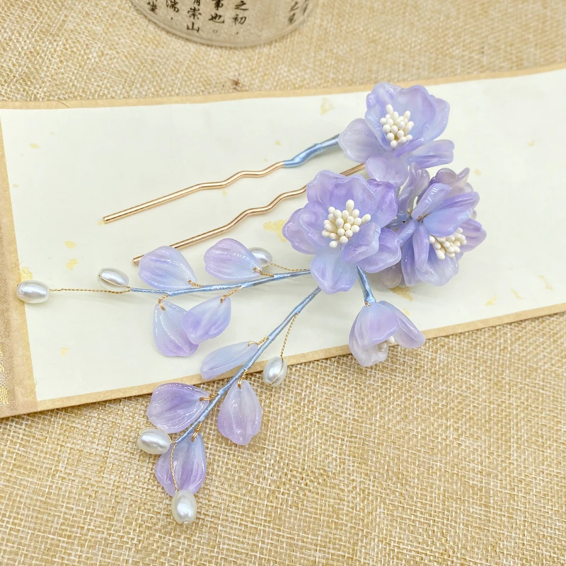 木槿 油彩质地~琉璃发钗软杆头饰汉服发饰古风饰品