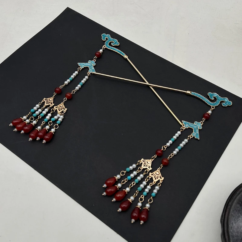 垂青渡 烧蓝流苏步摇簪子古风发钗汉服发簪对簪头饰发饰