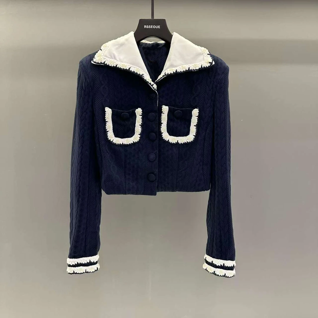 2024年秋季新品撞色翻领重工钉珠织带装饰短外套针织气质时尚百搭