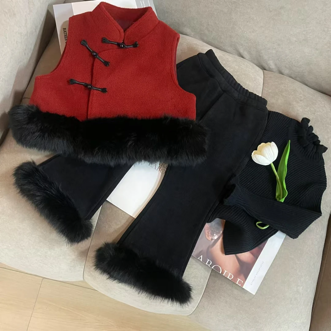 女童新中式2024年秋冬季新时尚大方毛衣加厚马甲裤子套装