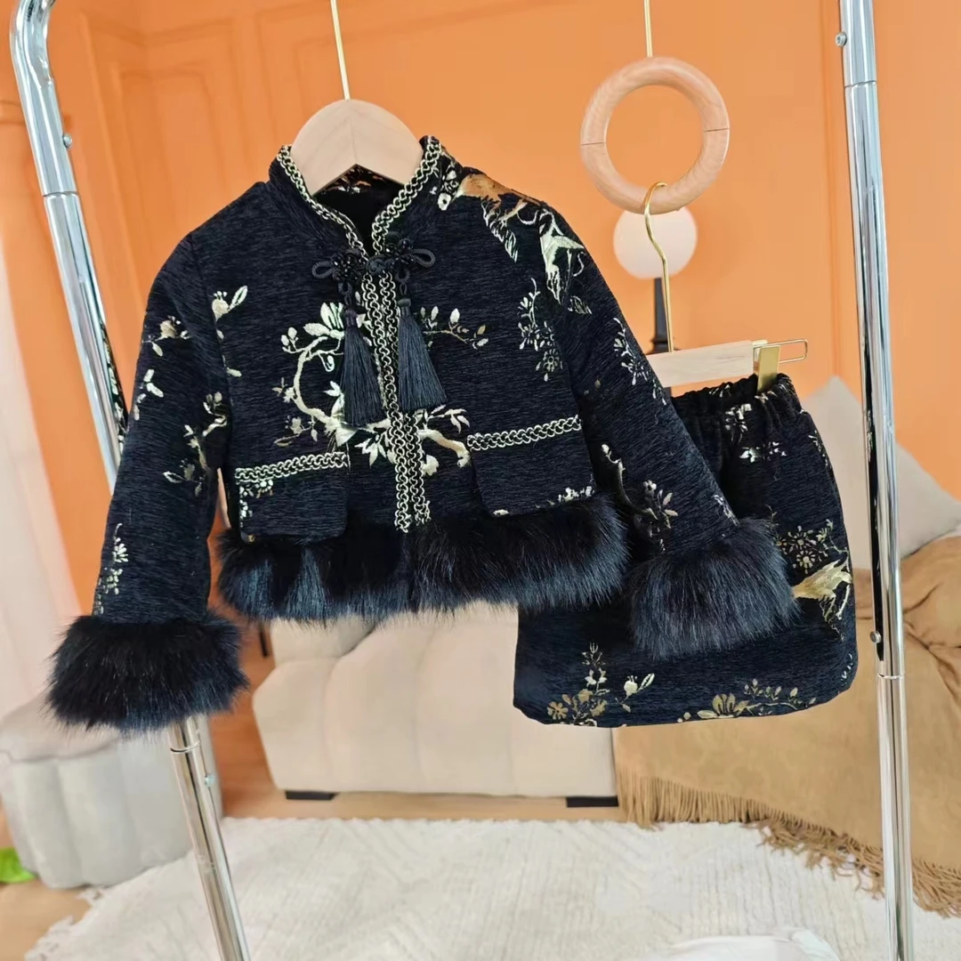 新中式国风立领盘扣重工刺绣毛毛拼接复古洋气毛毛小香风套装冬
