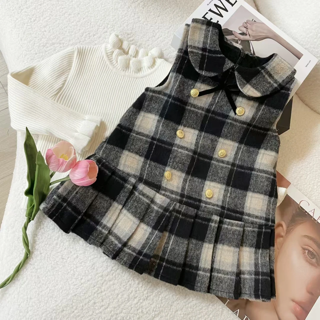 2024年童装女童小香风套装秋冬款洋气宝宝时髦蝴蝶结毛呢马甲半裙