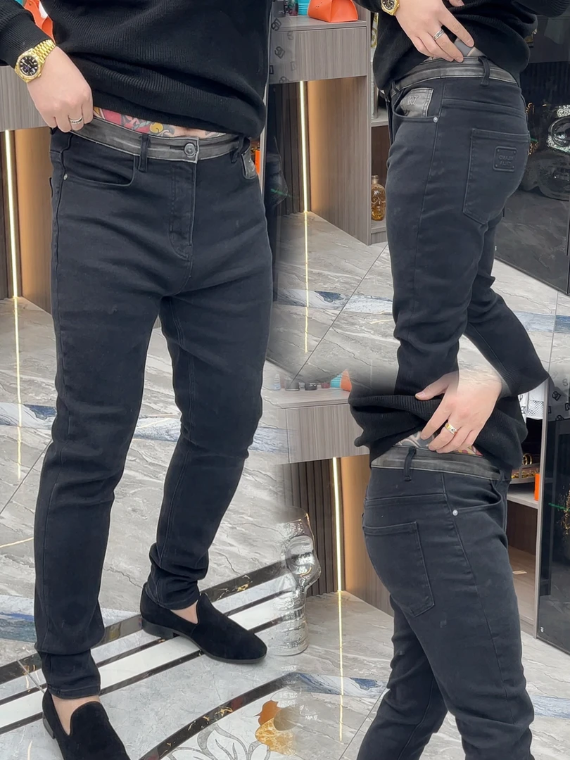 SH轻奢时尚高端男士雅痞拼皮商务休闲黑色牛仔裤