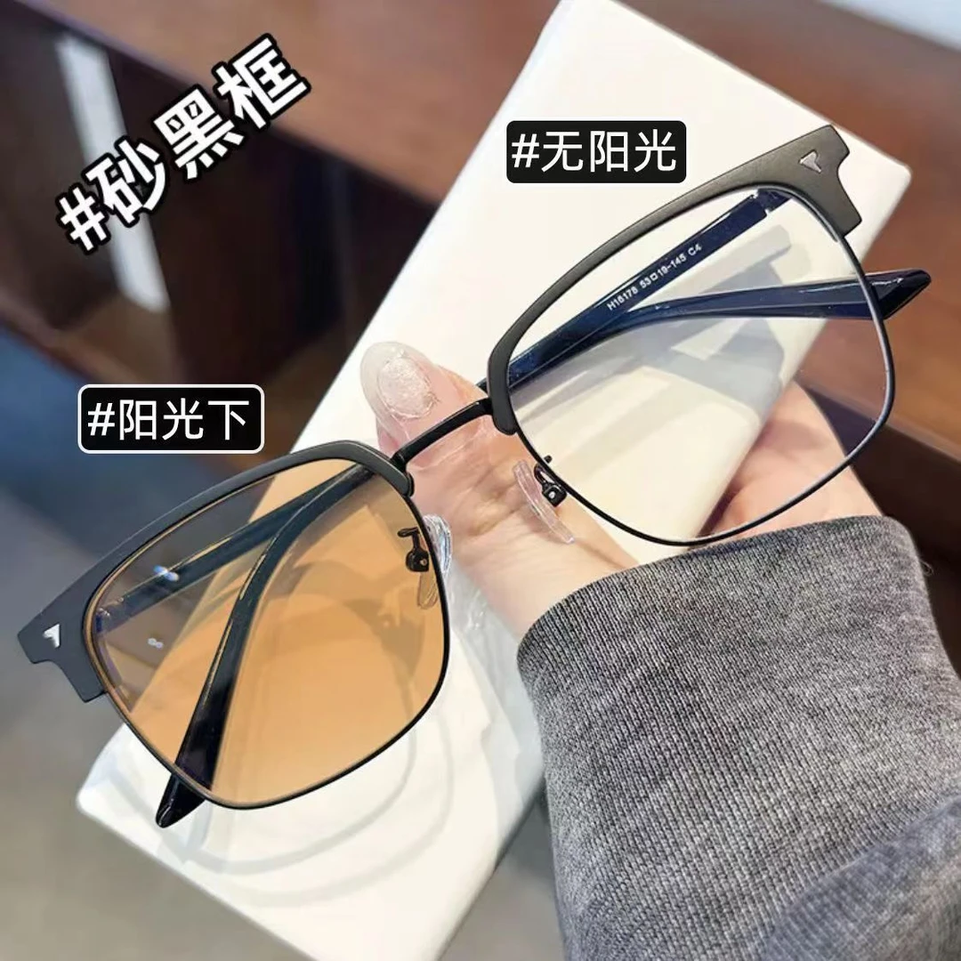 感光变色近视眼镜男可配度数高颜值复古防蓝光紫外线平光镜女墨镜