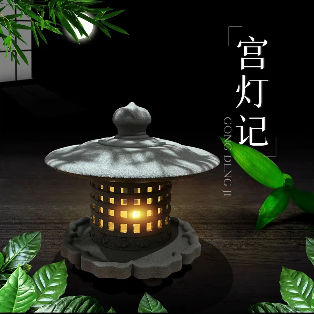新石材灰砂石明式雪见灯庭院灯观赏灯摆件宫灯半手工创意造景神器