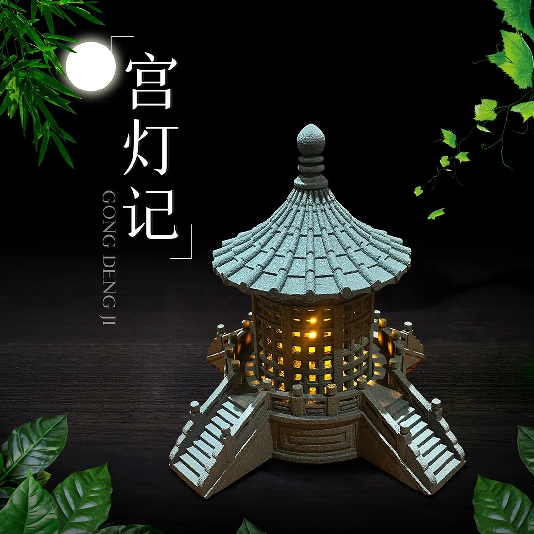 新石材灰砂石雕刻古亭庭院灯宫灯古亭摆件半手工创意摆件可发光可