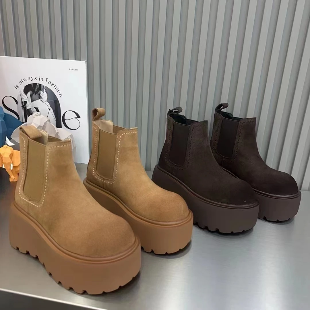 唐小肉厚底中筒潮流秋季短靴切尔西靴英伦风休闲翻毛皮1121-1