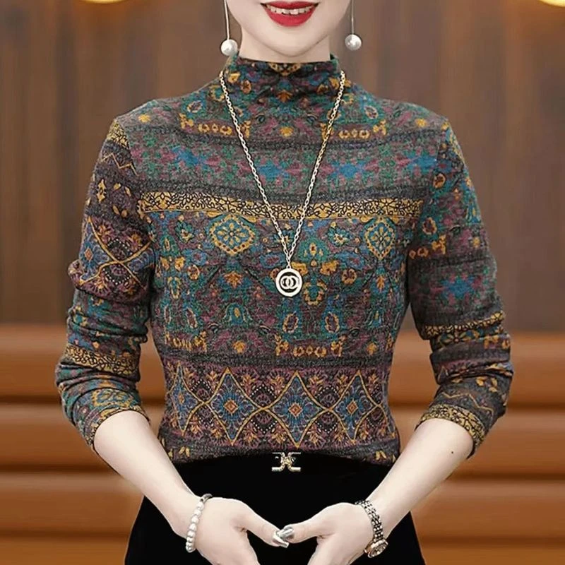 新款时尚妈妈百搭高档春秋打底衫半高领洋气减龄遮肚子显瘦小衫女