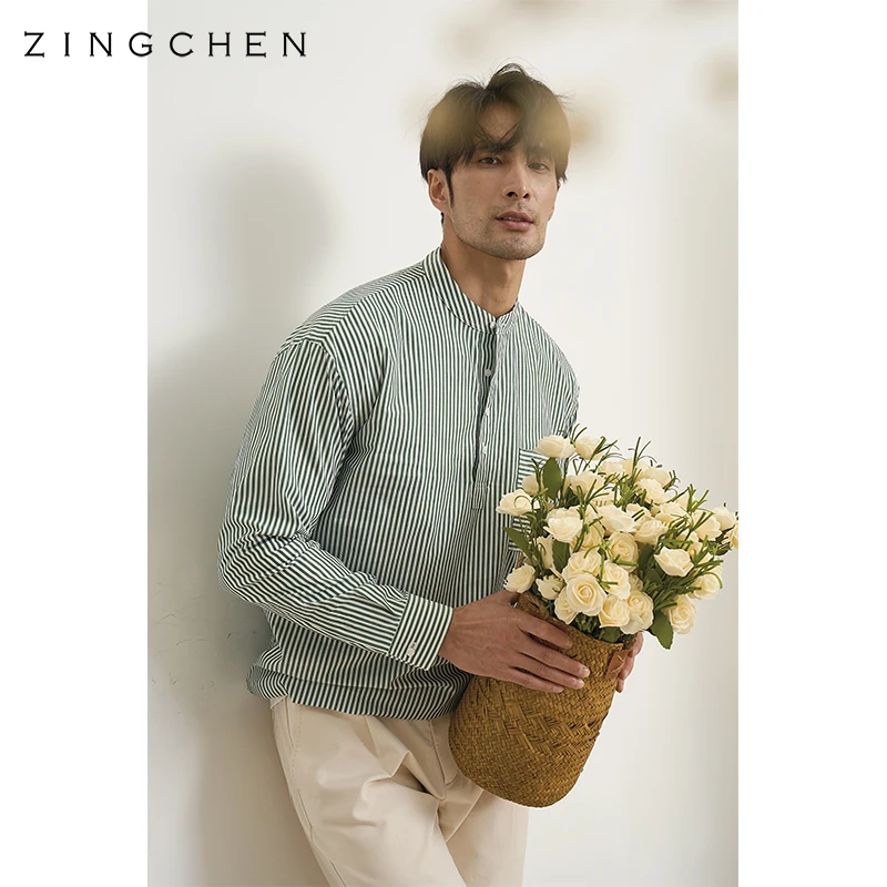 【氛围感穿搭】ZINGCHEN亨利领廓形条纹衬衫男士休闲纯棉长袖衬衣