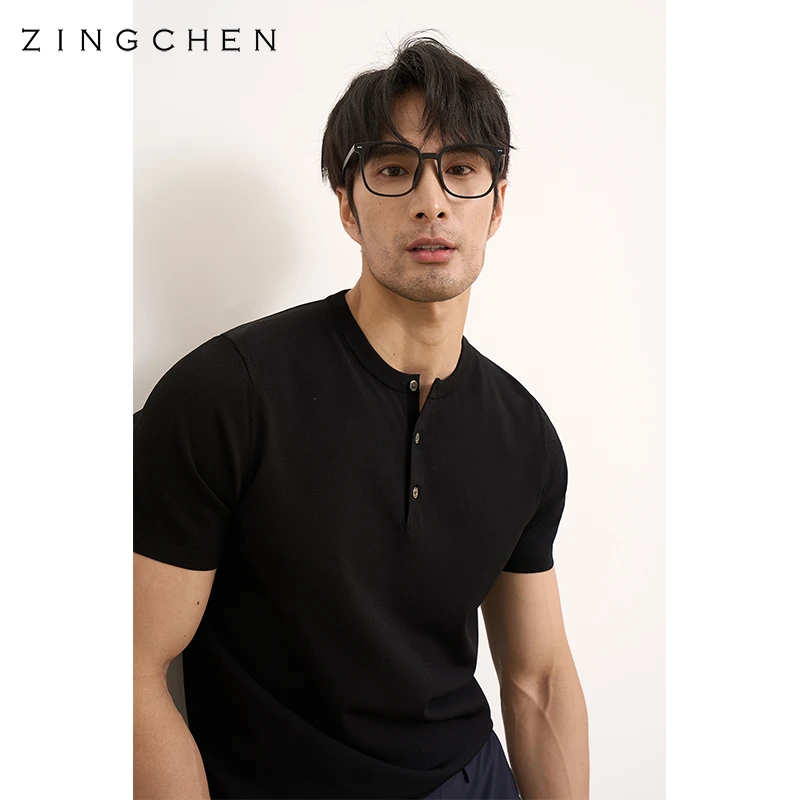 ZINGCHEN【凉感冰丝系列】硬汉风亨利领 男士短袖针织T恤 清凉一夏