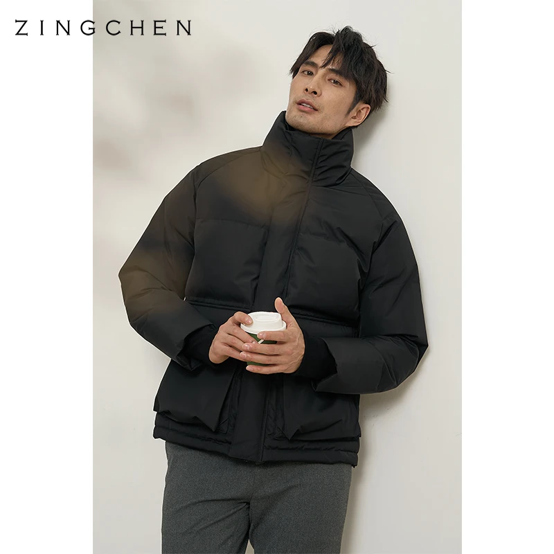 【250g充绒重磅羽绒】ZINGCHEN短款羽绒服男黑色立领白鸭绒面包服