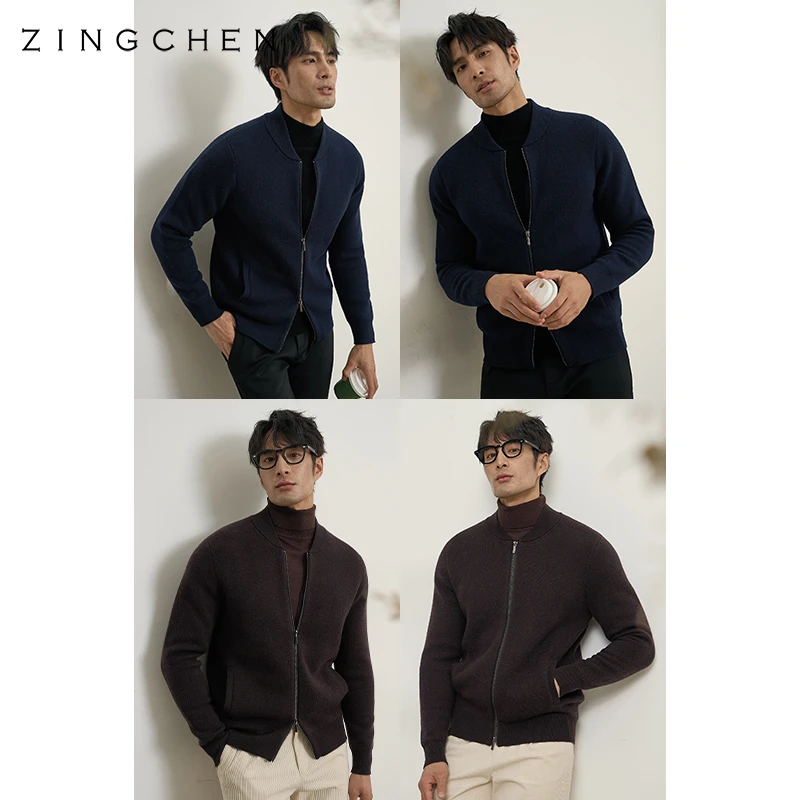 【100%绵羊毛】ZINGCHEN男士棒球领夹克重磅针织开衫秋冬加厚外套
