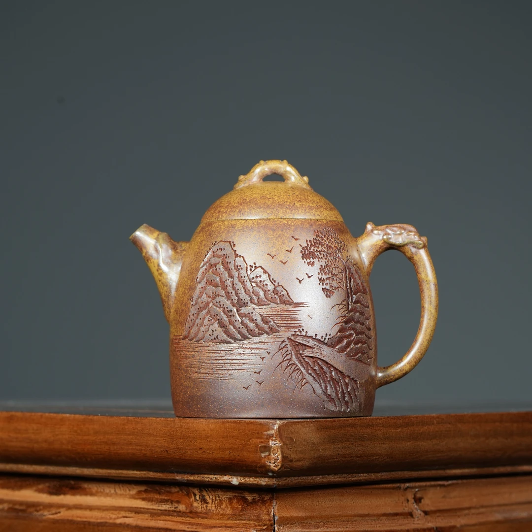 宜兴原矿龙背青柴烧书法刻绘观山《龙权》紫砂手工紫砂壶容量220CC