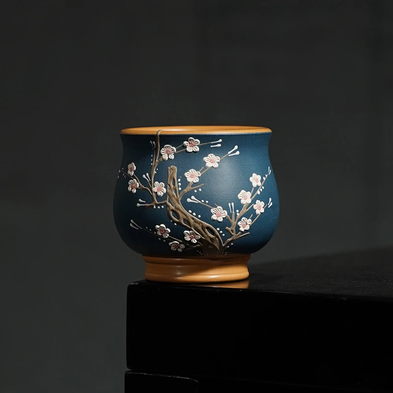 原矿黄金朱泥粉苏门答腊青手工泥绘梅花紫砂主人杯容量180CC