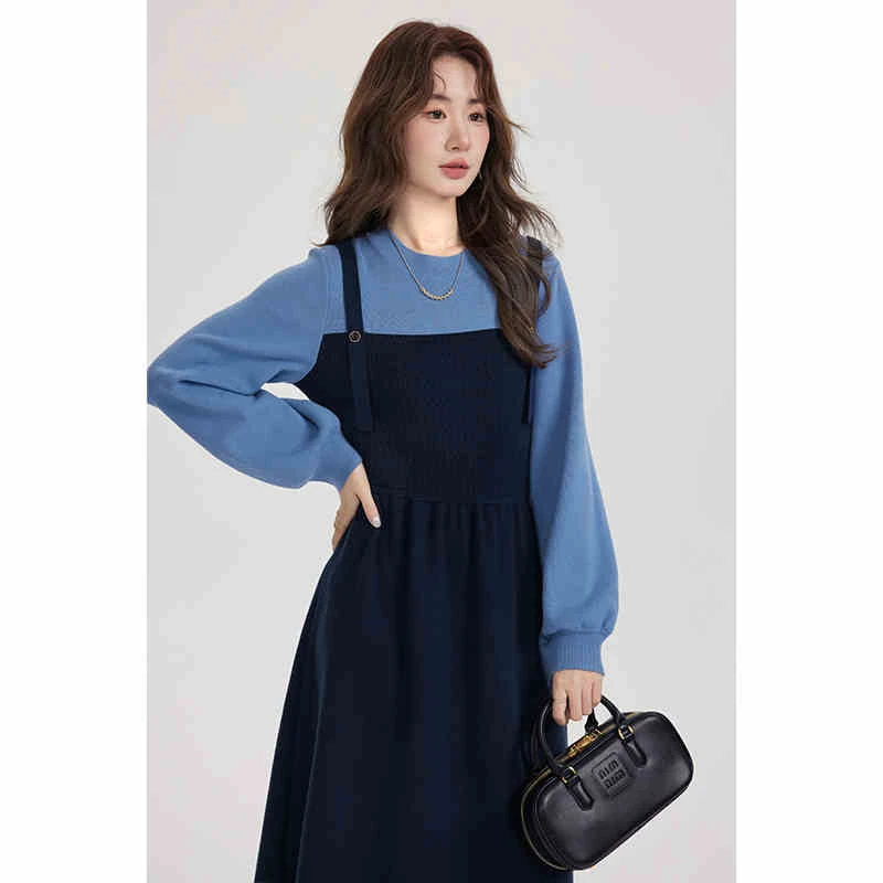 【蓝色背带裙】连衣裙女秋冬假两件穿搭针织裙子显瘦内搭打底长裙2