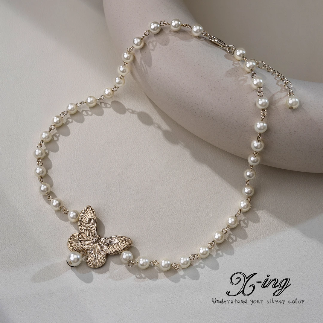 铜合金仿珍珠项链 香槟玫瑰色珠珠6mm蝴蝶吊坠法式轻奢时尚(Y6)