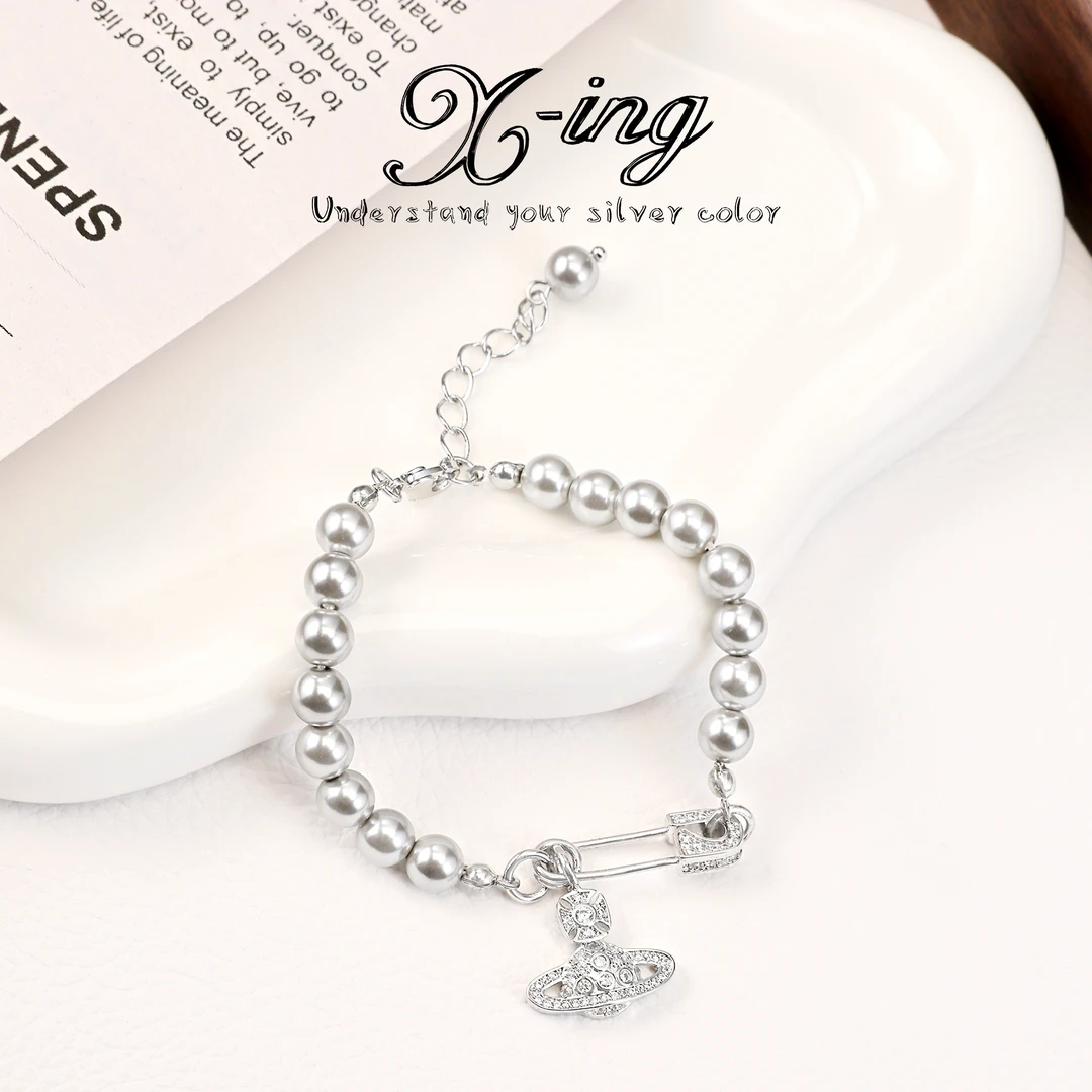 铜合金仿珍珠手链 灰色珠珠6mm土星环设计合成立方氧化锆手链QS1