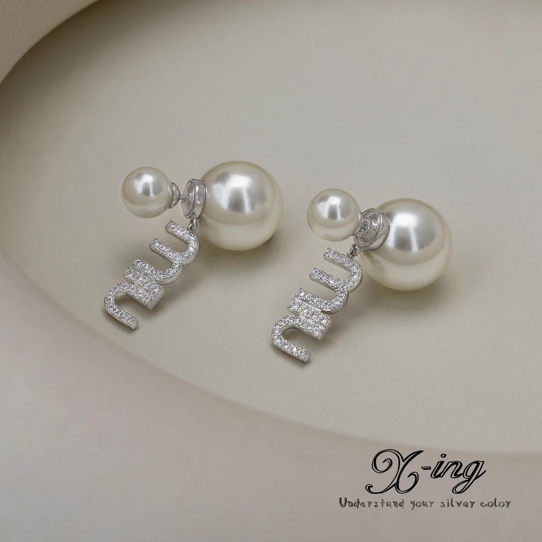 铜合金仿珍珠耳饰 白色双珠耳钉设计款合成立方锆轻奢时尚百搭