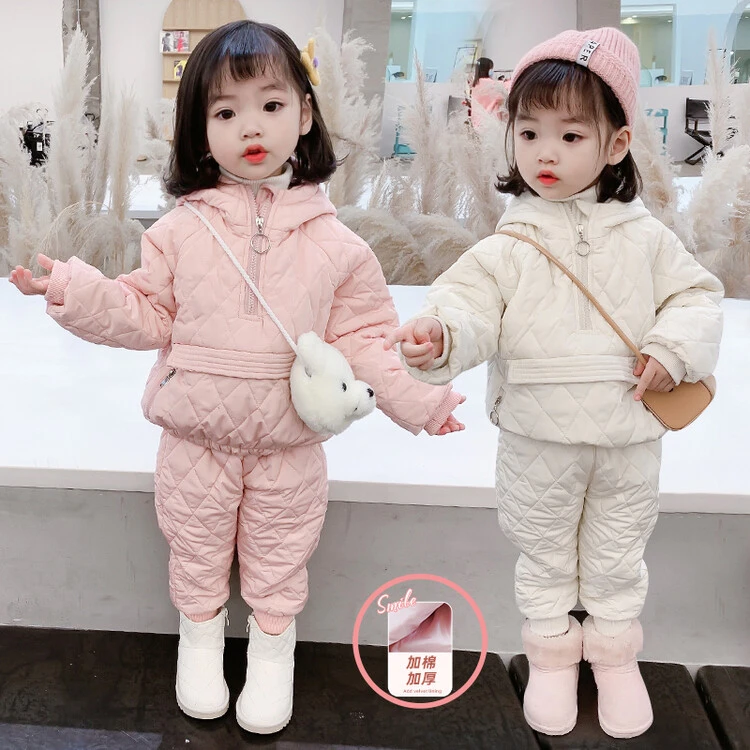 女童冬装套装2024新款冬季洋气小女孩保暖夹棉加厚棉衣棉裤两件套