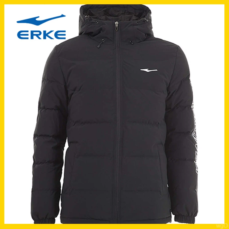 erke/鸿星尔克男款羽绒服防风黑色连帽冬季秋冬运动加厚保暖男子