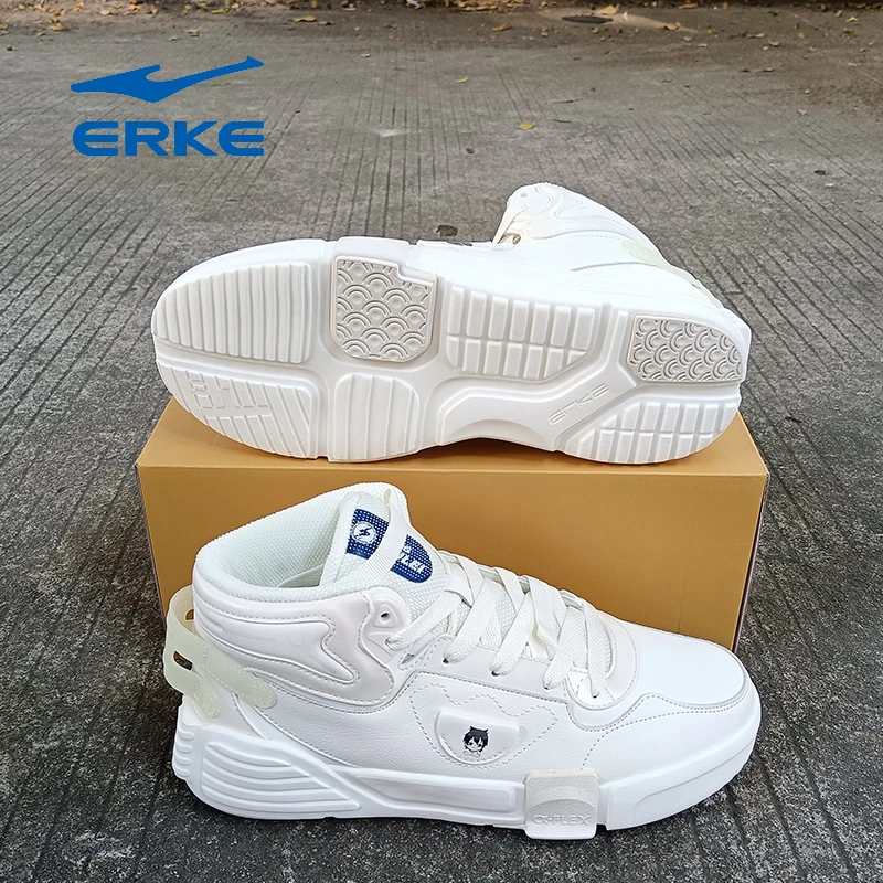 erke/鸿星尔克板鞋男女奇弹休闲鞋白色高帮时尚百搭运动透气轻便
