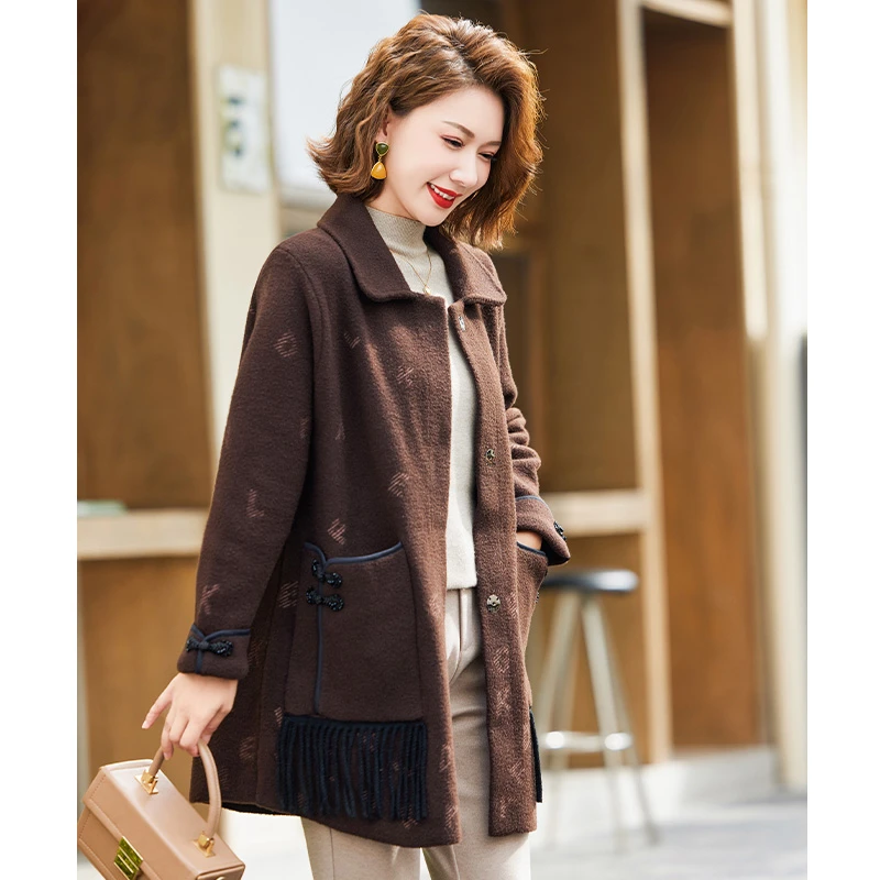 中年妈妈冬装宽松毛呢外套2023新款洋气质翻领开衫上衣服呢子大衣
