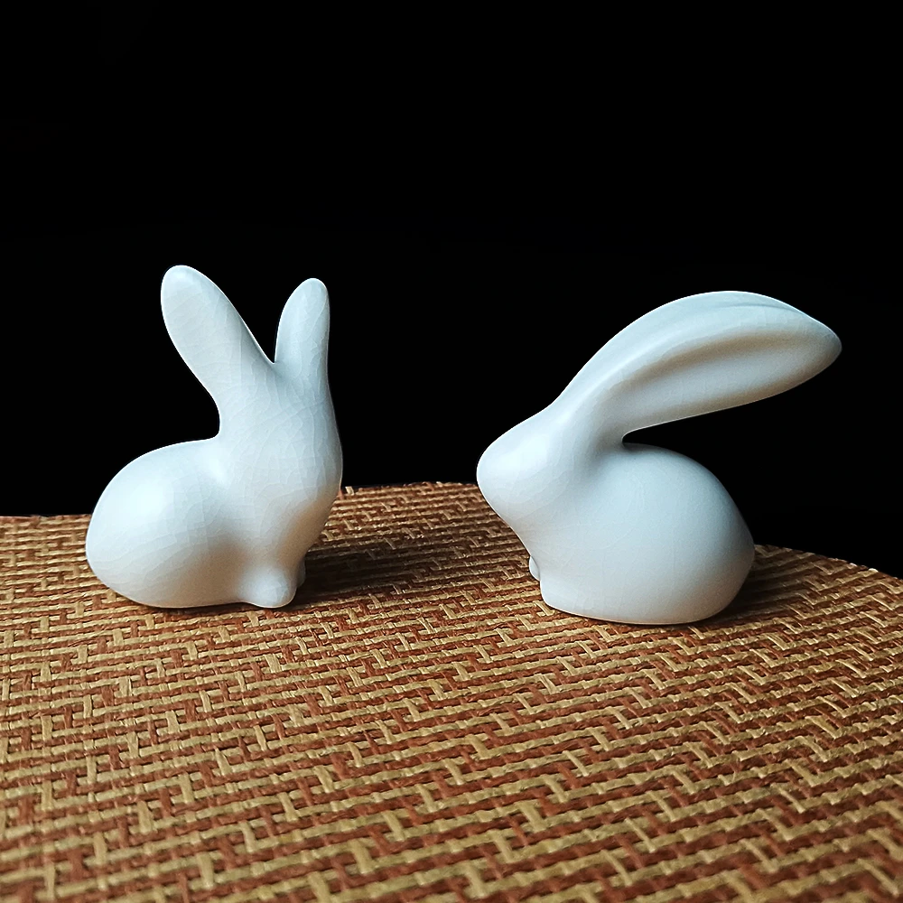 精致白汝窑可爱兔子茶宠/开片可养简约大气摆件