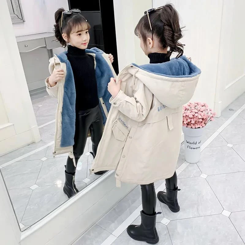 女童春秋2023新款连帽童装加绒外套冬季儿童洋气派克服棉服