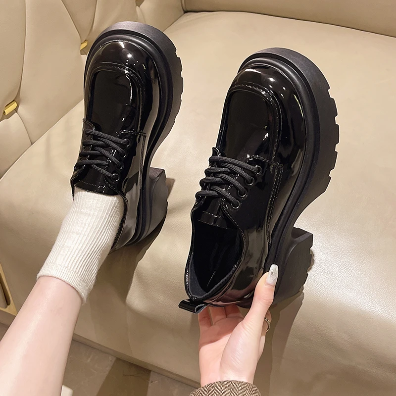 粗跟系带乐福鞋女2025春季新款厚底英伦风小皮鞋黑色增高松糕单鞋