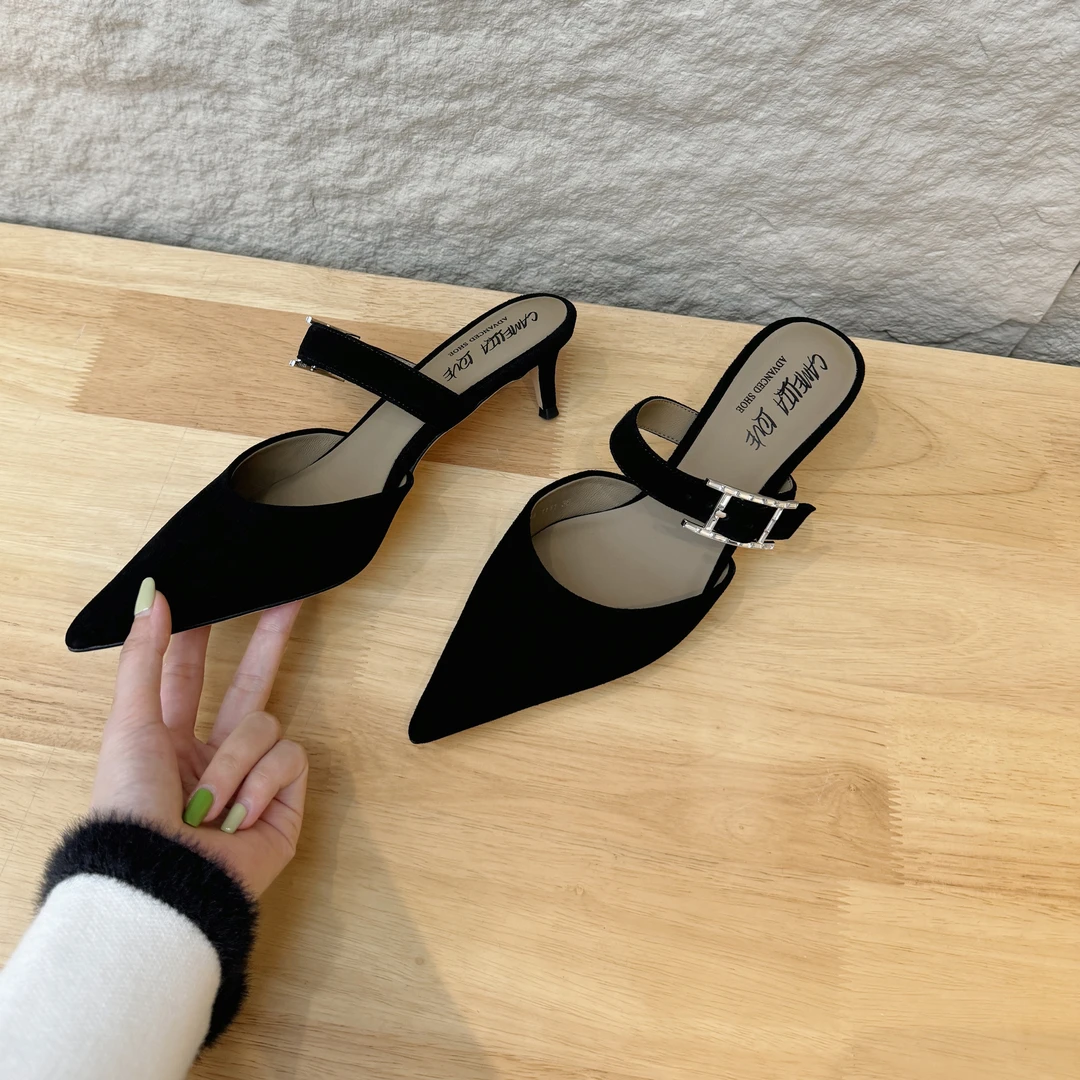 法式尖头一字带包头半拖夏季外穿凉鞋女