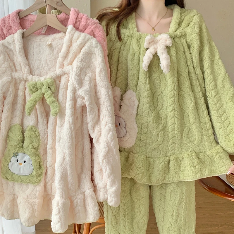 珊瑚绒秋冬季睡衣女新款甜美少女卡通冬天加绒加厚保暖家居服套装