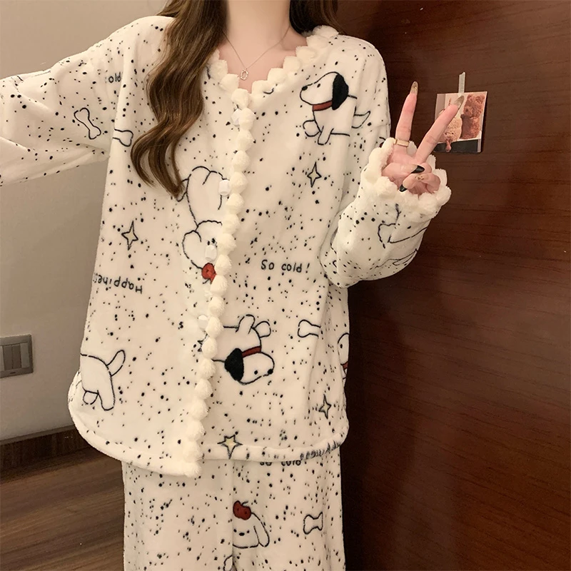 珊瑚绒睡衣女冬季保暖法兰绒加厚开衫宽松秋冬天可外穿家居服套装