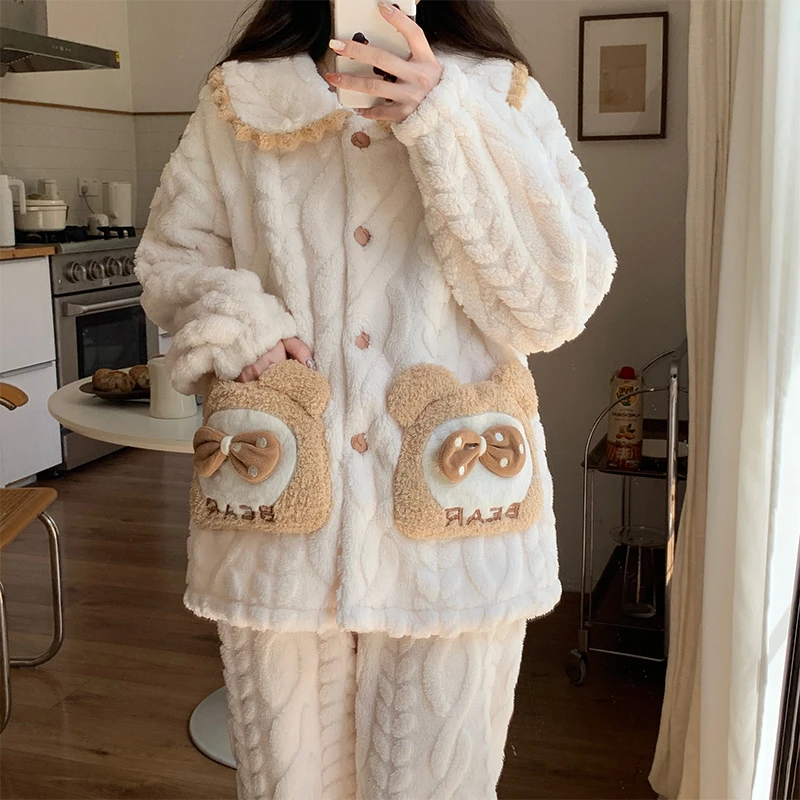 珊瑚绒睡衣女冬季翻领加绒加厚长袖宽松冬款可外穿女士家居服套装