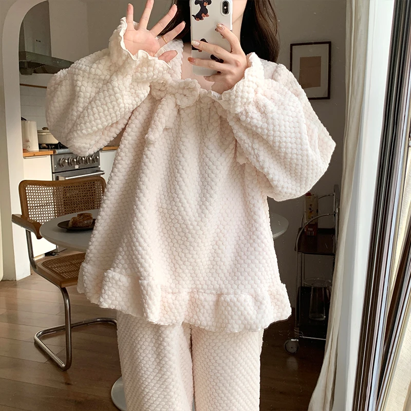 珊瑚绒睡衣女2024新款秋冬季长袖甜美加厚冬天女士家居服韩版套装