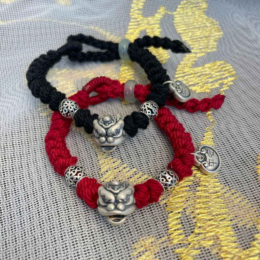 足银布艺手链 999银醒狮平安牌手链男女情侣款手链时尚百搭手链