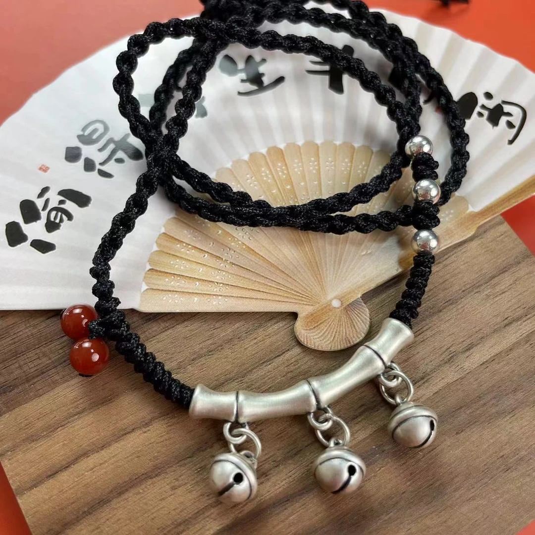 吊坠足银 999足银竹节铃铛项链吊坠T恤链 节节高升铃铛银饰手编